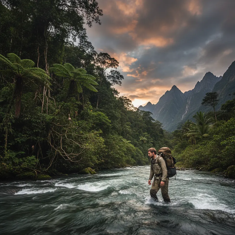 Immersive scene of straying off the beaten path into untamed landscapes: a hiker crossing a rushing river with dense rainforest on one side and jagged mountain ridges on the other, under a dramatic sky with rustling leaves and distant wildlife silhouettes, evoking resilience and the raw rhythms of nature
