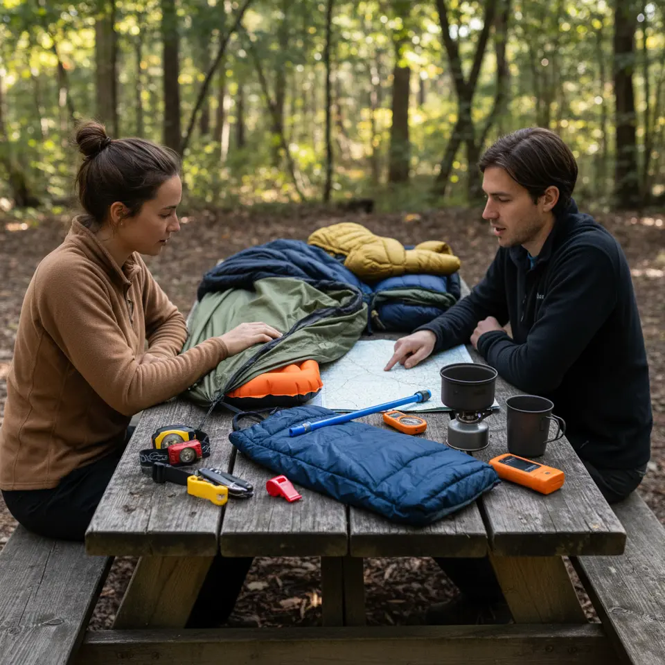 Flat-lay display of essential off-grid adventure gear arranged on a wooden background: an ultralight tent or hammock with integrated rainfly, a three-season sleeping bag with inflatable pad, a compact canister stove with minimalist cookware, a water filter straw, GPS device next to paper map and compass, layered clothing pieces, headlamp, multi-tool, whistle, and bear spray—all illustrating a lightweight, comprehensive kit