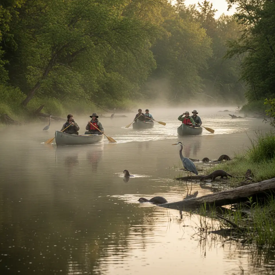 A small‐group canoe expedition at dawn gliding down an uncharted river, mist rising off the water, otters fishing along the banks and herons wading in shallow channels beneath a dense forest canopy