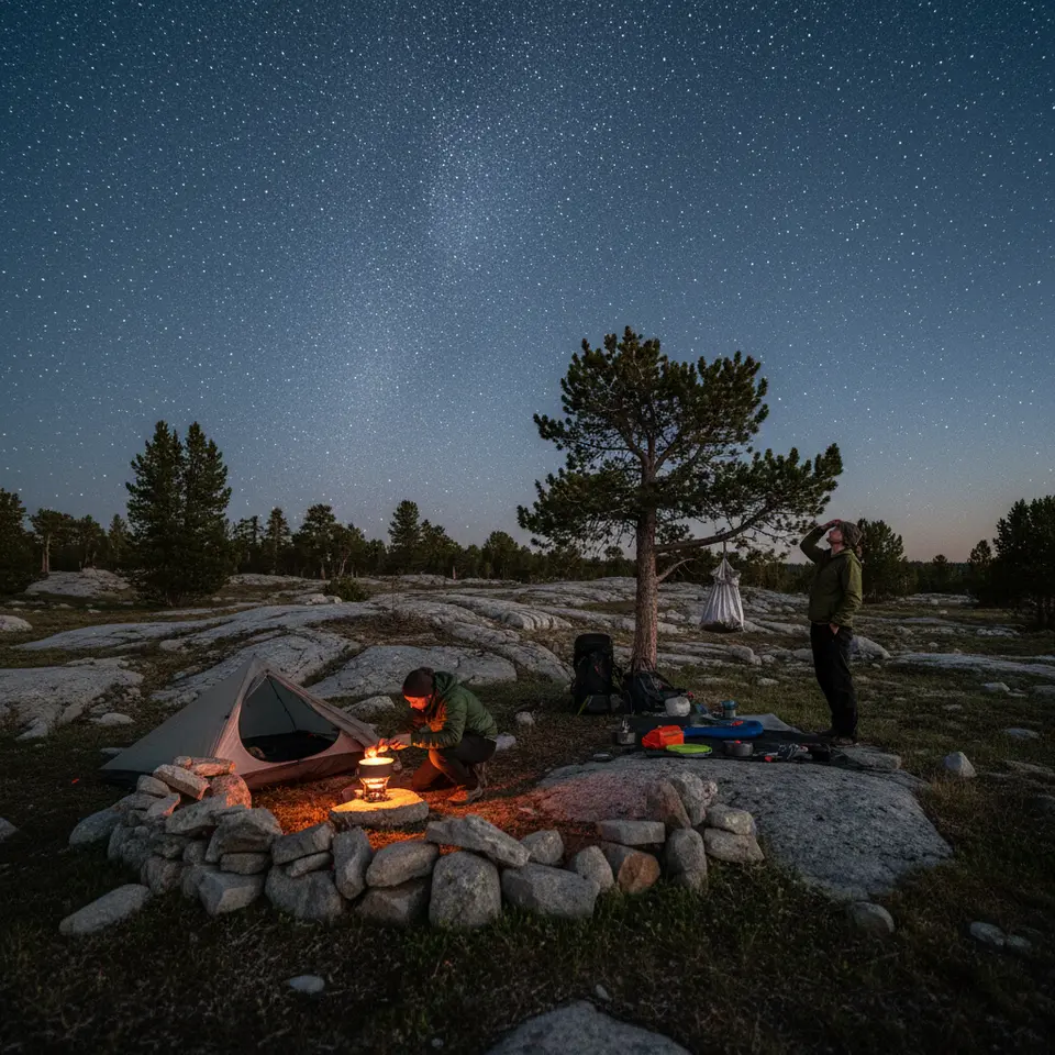 A minimal-impact backcountry campsite on elevated ground with natural windbreaks, a compact portable stove cooking area set 100 meters from the sleeping zone, food suspended in a bear-resistant bag from a sturdy branch, and reusable gear neatly arranged under a star-filled sky