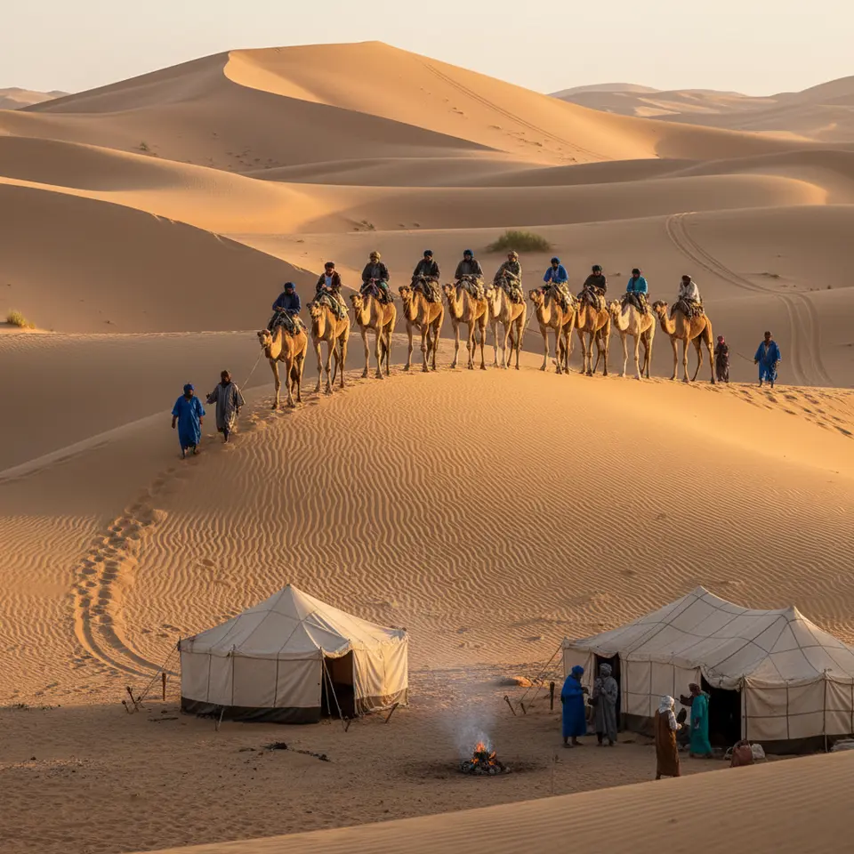 A camel caravan crossing the towering, rippled sand dunes of Erg Chebbi at sunrise, with nomadic tents pitched at the dune base, a 4×4 track in the distance, and warm golden light illuminating the desert landscape