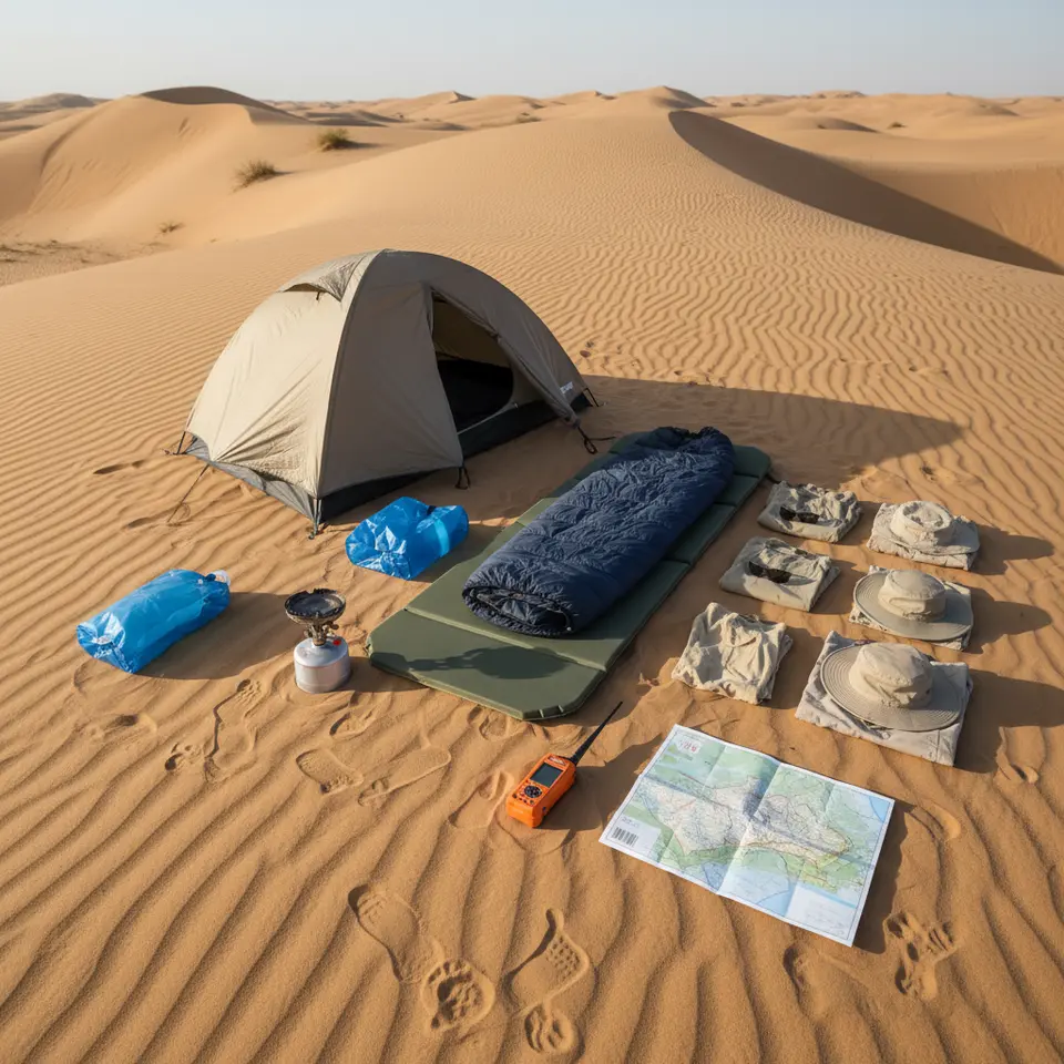 An overhead tableau of essential Sahara camping gear spread out on a sandy background: a three-season tent with sand skirts, insulated sleeping pad and 0°C sleeping bag, collapsible water reservoirs, compact stove with windscreen, GPS device and paper map, satellite messenger, sun-protection clothing and accessories