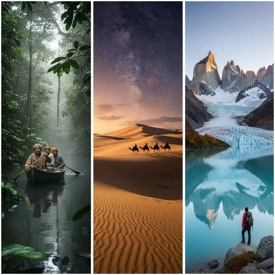 Collage of three iconic wild travel destinations: a guided canoe gliding through the dense, misty foliage of the Amazon Basin; golden Sahara Desert dunes at sunset with a camel caravan and a star-filled sky; and Patagonia’s jagged, snow-capped peaks and ancient glaciers reflected in a pristine mountain lake.
