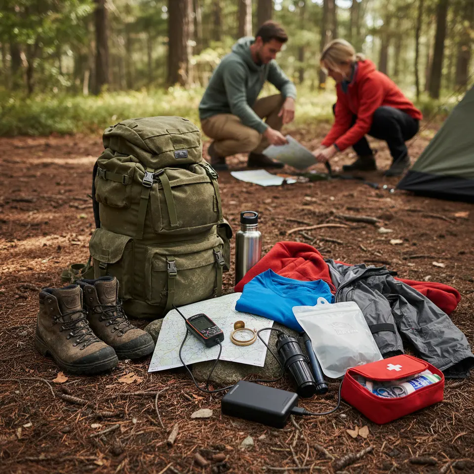 Flat-lay or campsite illustration of essential expedition gear: a rugged 40–60L backpack, waterproof hiking boots, a layered clothing system (moisture-wicking base layers, insulating mid-layers, breathable waterproof shell), topographic map and compass, GPS device, satellite messenger, water purification system, high-capacity power bank, and a wilderness first-aid kit.