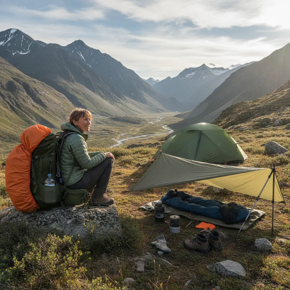 A multi‐day trekker pausing beside a rugged mountain valley campsite: a 45–60 L adjustable‐frame backpack with rain cover and external pockets stands next to a freestanding three-season tent. Nearby, an ultralight tarp and bivy sack are staked in a windswept clearing, with gear neatly organized to show weight distribution and ventilation features.