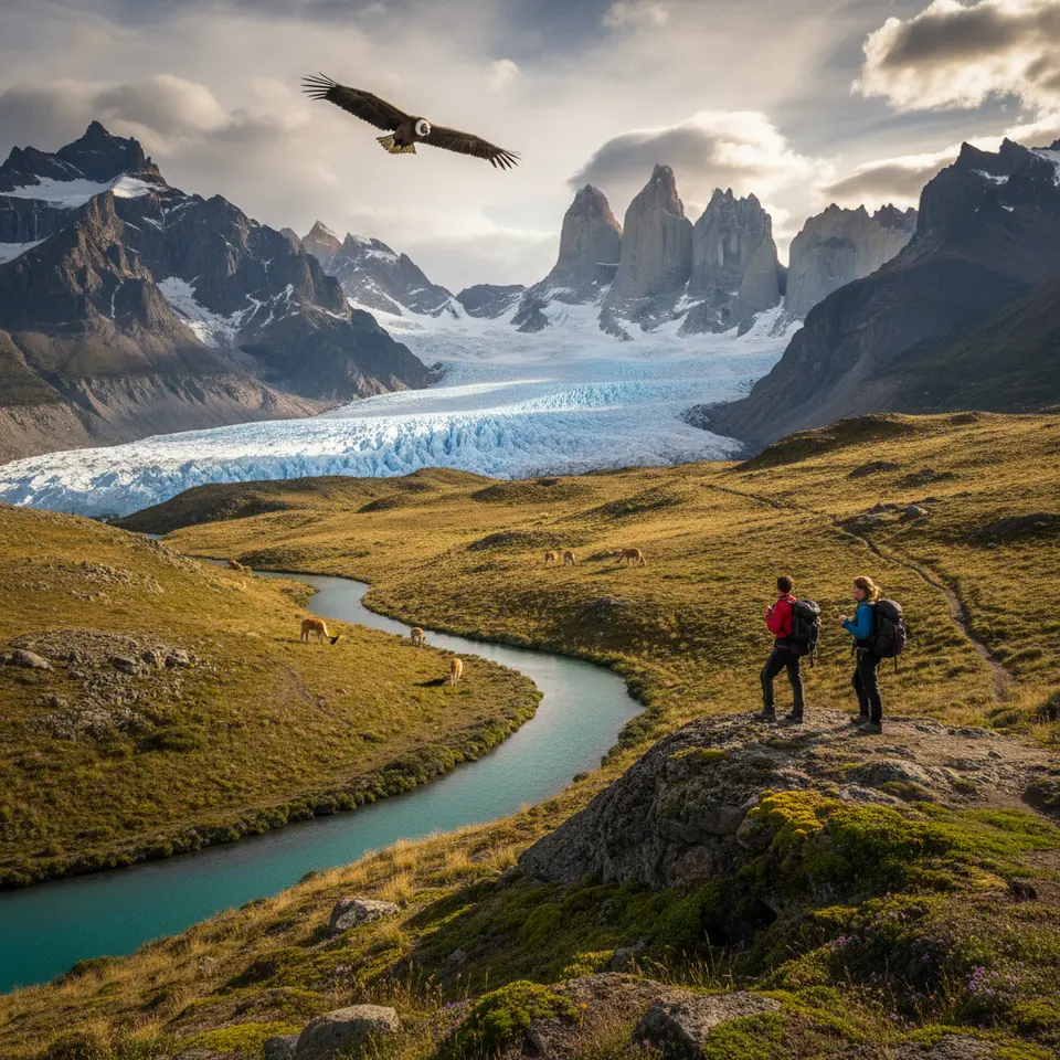 A sweeping Patagonia wilderness panorama: jagged granite spires of Torres del Paine rising above sprawling blue-white glaciers, wind-bent grasslands dotted with grazing guanacos, and a condor soaring overhead beneath a dramatic sky. In the foreground, a narrow fjord curls through alpine meadows, hinting at remote trails snaking into the distance.