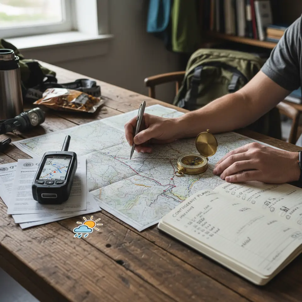 Mapping Your Path: Planning a Successful Expedition – A detailed planning scene on a wooden table featuring a traveler’s hands marking a route on a topographic map, a compass, a GPS device displaying offline maps, permit documents, weather icons, and a notebook with annotated contingency plans