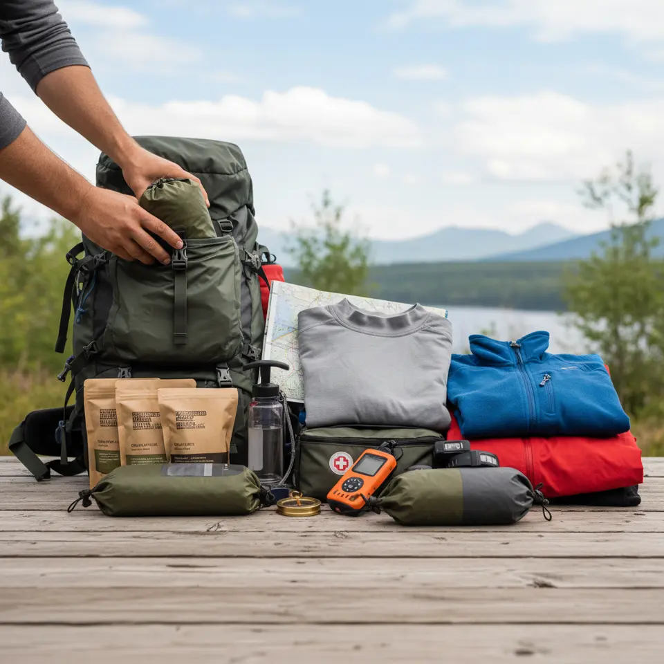 Essential Gear and Smart Packing Strategies – A flat-lay illustration of lightweight wild-travel essentials: an adjustable backpack, layered clothing (moisture-wicking base layer, insulating mid-layer, waterproof shell), navigation tools (compass, map, satellite messenger), first aid kit, dehydrated meals, water purification gear, all neatly arranged in waterproof sacks