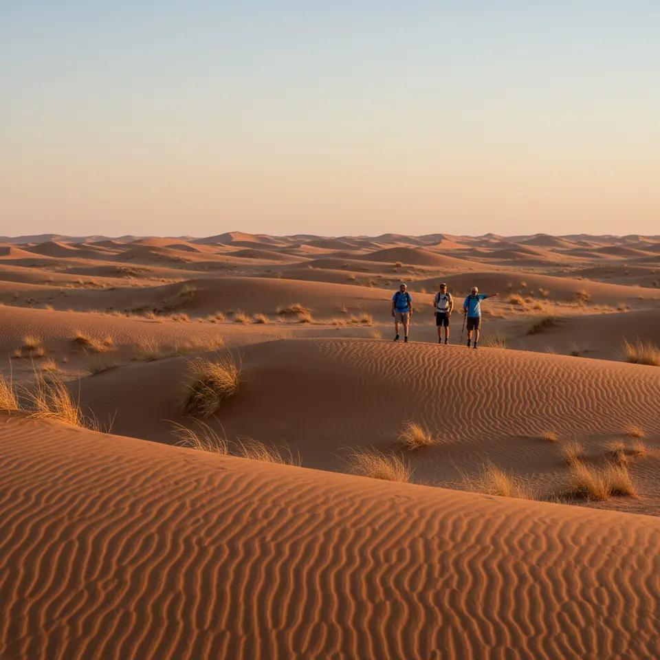 Namib Desert Dunes, Namibia at sunrise: an expansive sea of rippled rust-colored sand dunes bathed in golden light, sparse vegetation shadows, and a vast horizon under a clear sky, showcasing the desert’s surreal scale and textures.